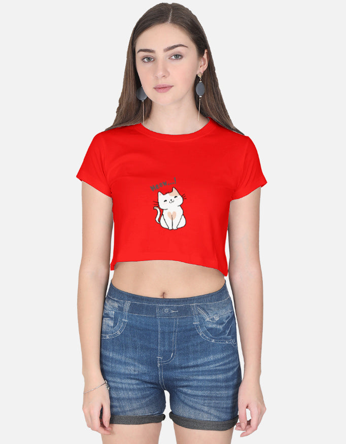 11FIT Meow Cute Kitty Graphic Women's Crop Top - 100% Cotton Kawaii Feline T-Shirt India - Detail View 6 - 11FIT India