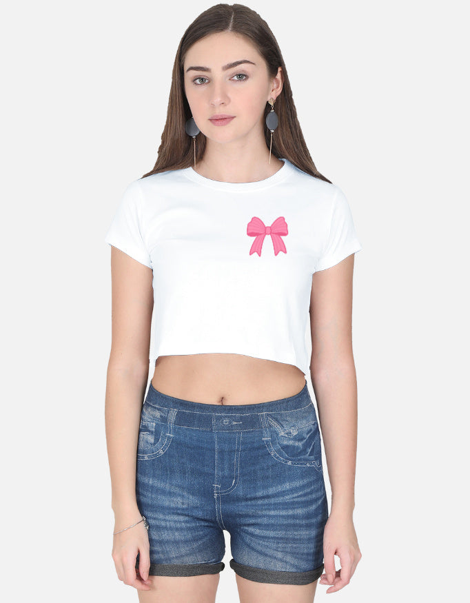 11FIT Coquette Pink Ribbon Bow Graphic Crop Top - Aesthetic Bow T-Shirt for Women India - Front View - 11FIT India