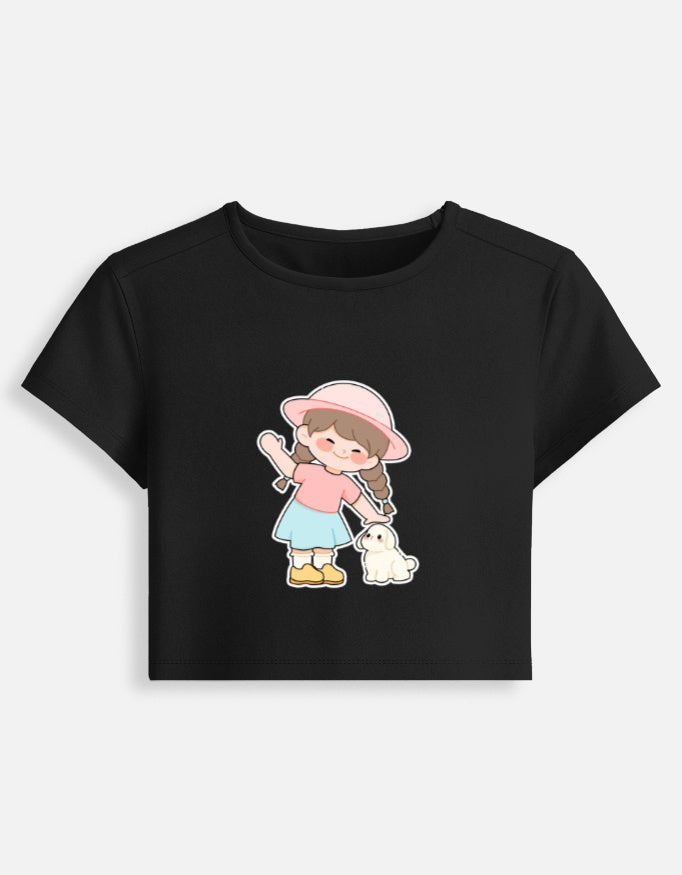 11FIT Anime Chibi Girl & Puppy Graphic Baby Tee - Kawaii Anime Aesthetic Women's Top India - Back View - 11FIT India