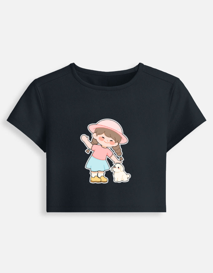 11FIT Anime Chibi Girl & Puppy Graphic Baby Tee - Kawaii Anime Aesthetic Women's Top India - Detail View 3 - 11FIT India