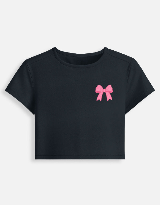 11FIT Coquette Pink Ribbon Bow Graphic Baby Tee - Y2K Aesthetic Bow T-Shirt India - Detail View 3 - 11FIT India