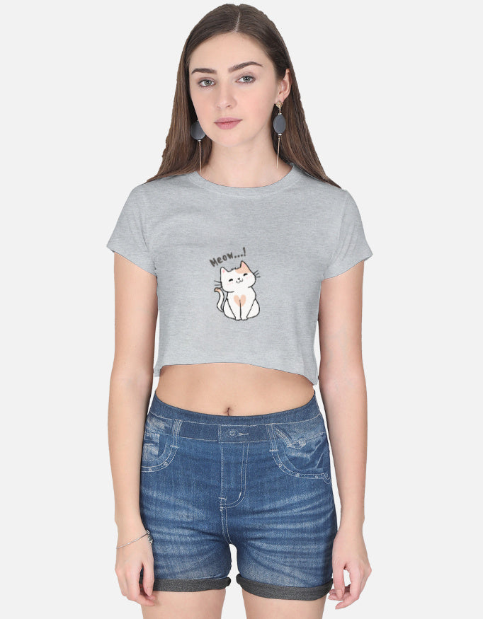 11FIT Meow Cute Kitty Graphic Women's Crop Top - 100% Cotton Kawaii Feline T-Shirt India - Detail View 4 - 11FIT India