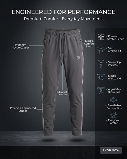 Gray athletic track pants with white stripes, slim fit, elastic waist.