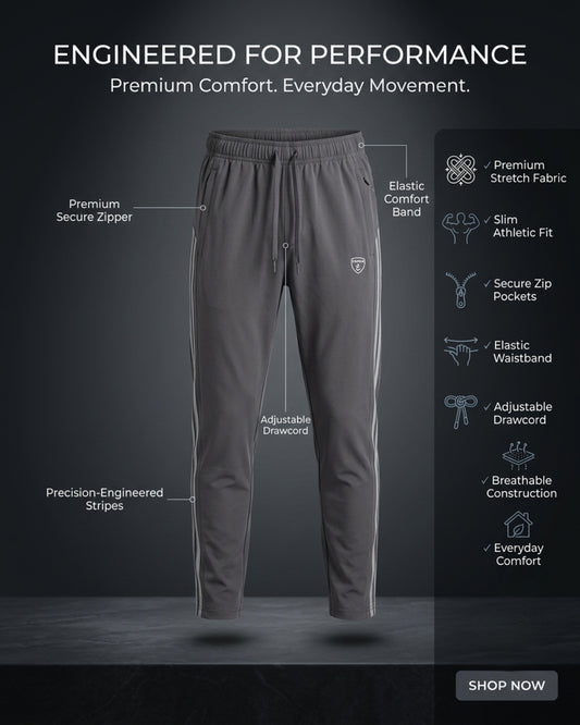 Gray athletic track pants with white stripes, slim fit, elastic waist.