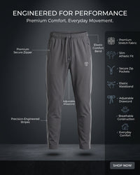 Gray athletic track pants with white stripes, slim fit, elastic waist.