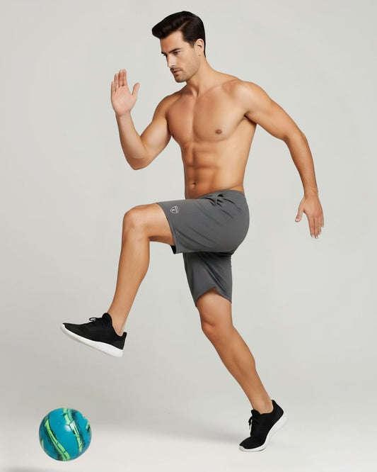 "Gray ESPON Air Flex 4-Way active shorts, athletic fit, men's sportswear"