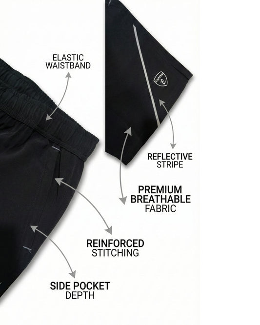 "Black ESPON Air-Lite NS shorts with elastic waistband and reflective stripe."