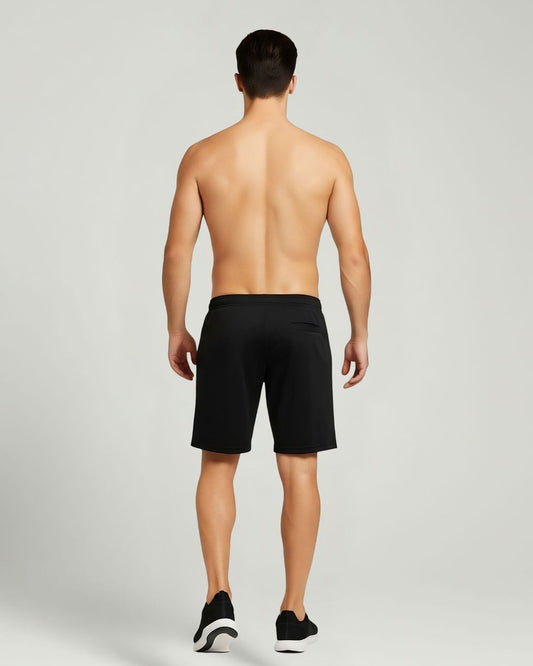 Black athletic shorts, sleek fit, four-way stretch, men's active wear.