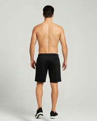 Black athletic shorts, sleek fit, four-way stretch, men's active wear.