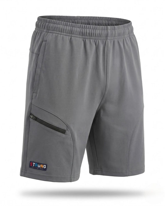 Gray active athletic shorts with zip pocket and elastic waist.