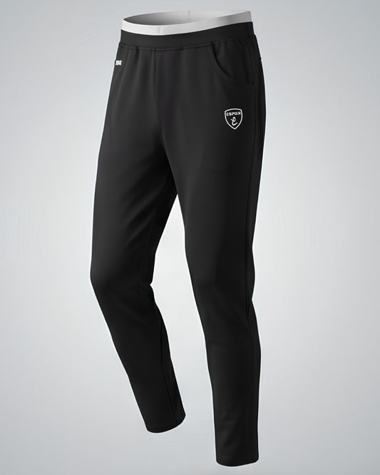 "Black ESPON Air Flex track pants, 4-way Lycra stretch fit".