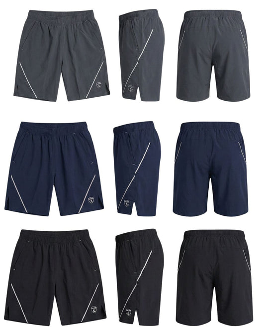 "Grey, navy, black athletic shorts with silver lines, elastic waistband."