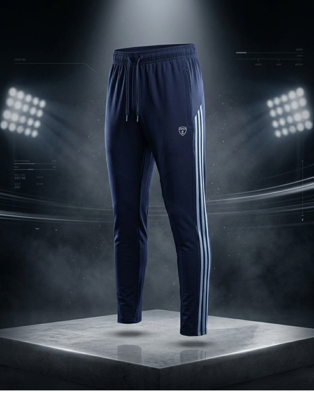 "Dark blue track pants with stripes, lycra blend, slim fit design."