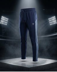 "Dark blue track pants with stripes, lycra blend, slim fit design."