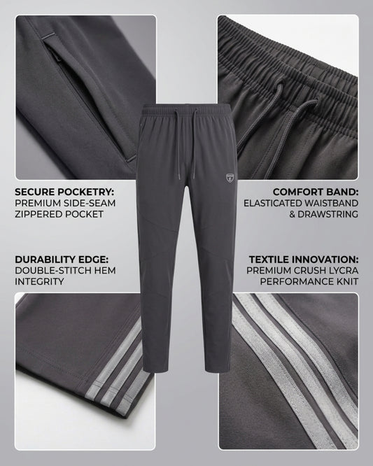 "Grey men's athletic track pants with stripes and elastic waistband."
