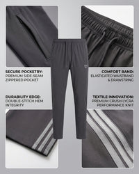 "Grey men's athletic track pants with stripes and elastic waistband."