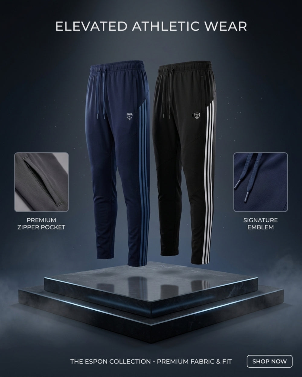 Men's athletic trackpants, navy/black, slim-fit, stripes, logo, premium fabric.