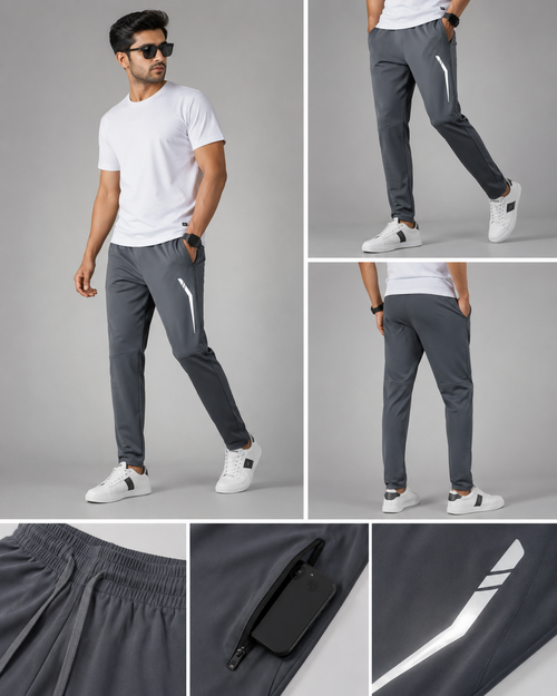 Gray reflective print track pant, slim fit, airy fabric.