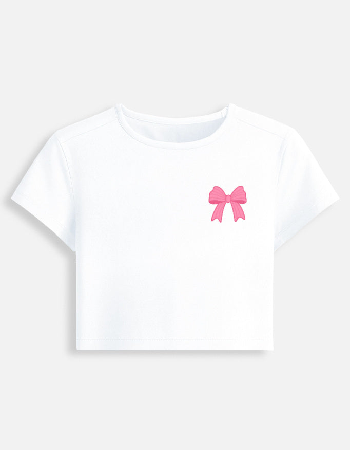 11FIT Coquette Pink Ribbon Bow Graphic Baby Tee - Y2K Aesthetic Bow T-Shirt India - Front View - 11FIT India