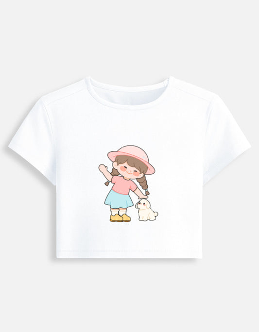 11FIT Anime Chibi Girl & Puppy Graphic Baby Tee - Kawaii Anime Aesthetic Women's Top India - Front View - 11FIT India
