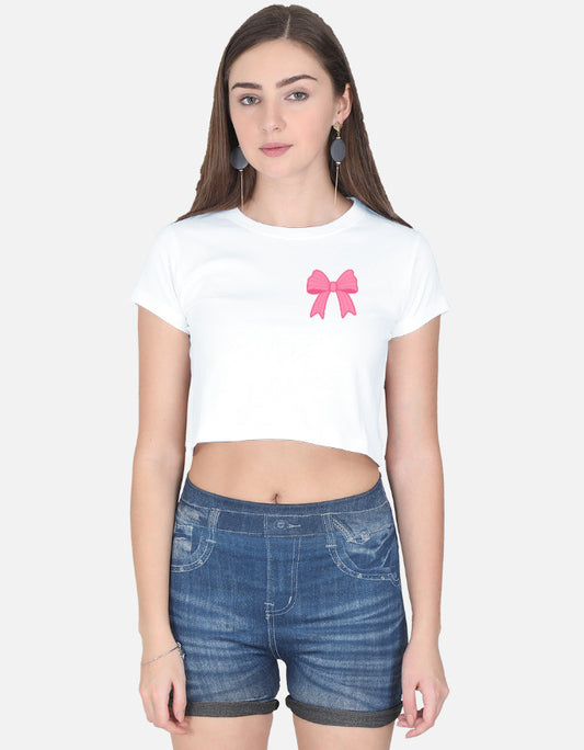 11FIT Coquette Pink Ribbon Bow Graphic Crop Top - Aesthetic Bow T-Shirt for Women India - Front View - 11FIT India
