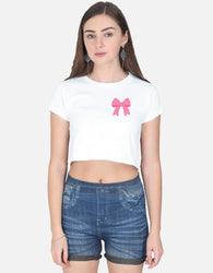11FIT Coquette Pink Ribbon Bow Graphic Crop Top - Aesthetic Bow T-Shirt for Women India - Front View - 11FIT India