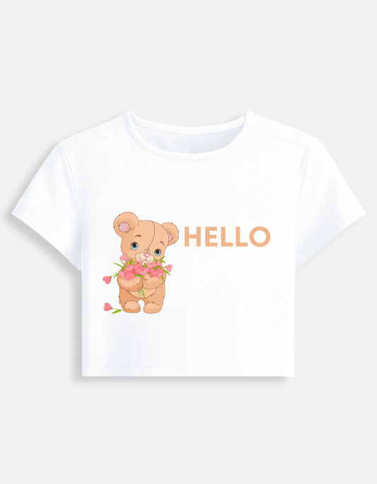 11FIT Hello Teddy Bear Floral Graphic Baby Tee - Cute Aesthetic Women's Top India - Front View - 11FIT India