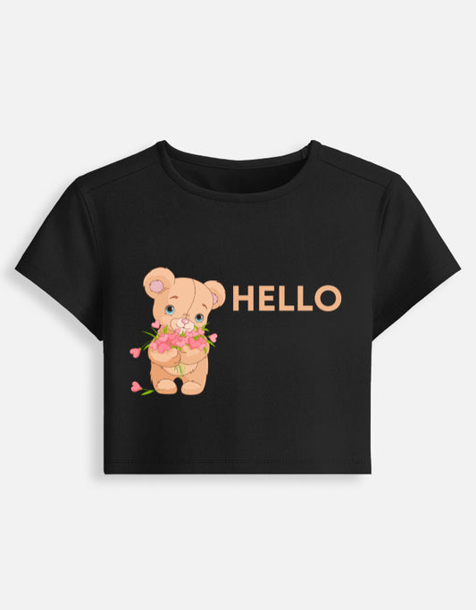 11FIT Hello Teddy Bear Floral Graphic Baby Tee - Cute Aesthetic Women's Top India - Back View - 11FIT India