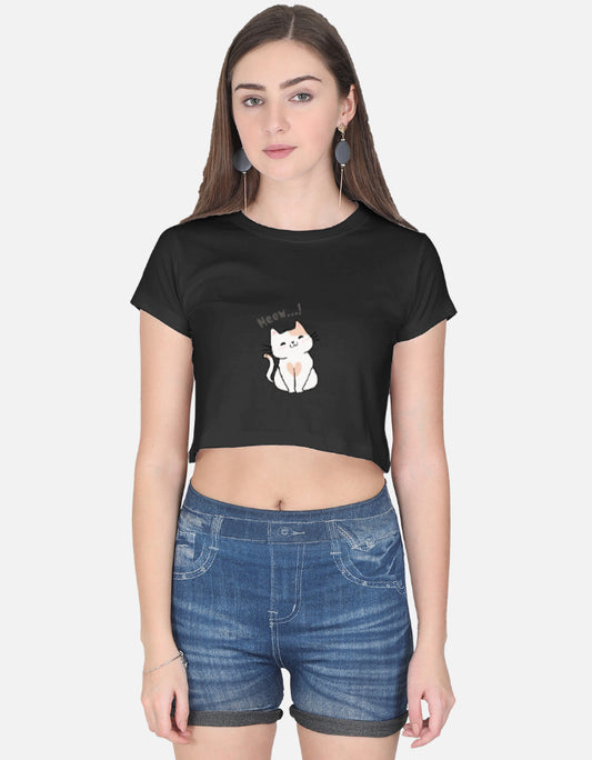 11FIT Meow Cute Kitty Graphic Women's Crop Top - 100% Cotton Kawaii Feline T-Shirt India - Back View - 11FIT India