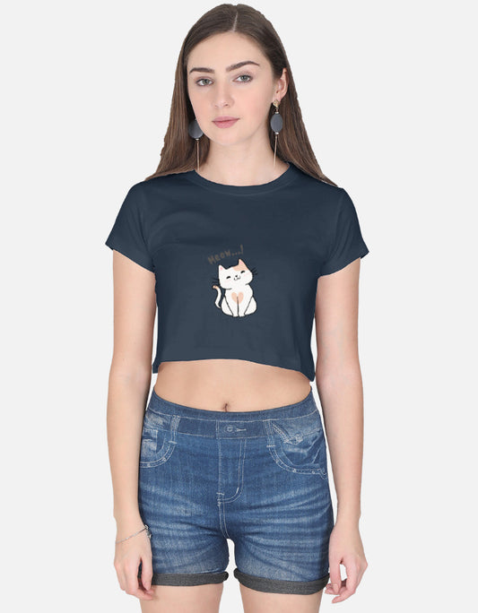 11FIT Meow Cute Kitty Graphic Women's Crop Top - 100% Cotton Kawaii Feline T-Shirt India - Detail View 3 - 11FIT India