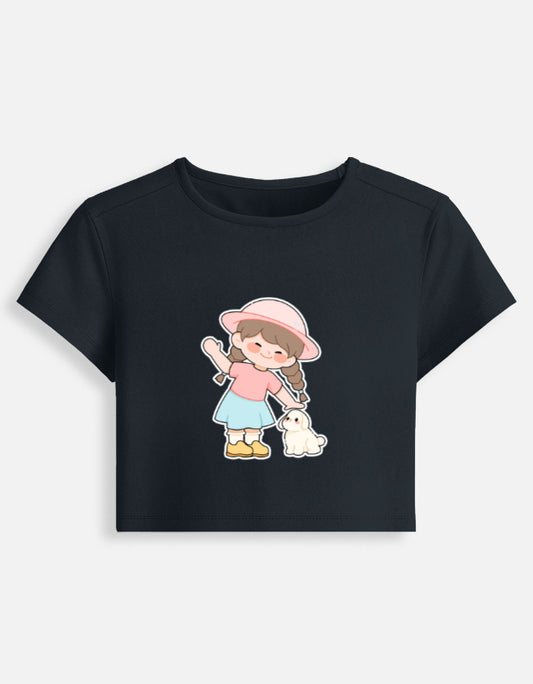 11FIT Anime Chibi Girl & Puppy Graphic Baby Tee - Kawaii Anime Aesthetic Women's Top India - Detail View 3 - 11FIT India