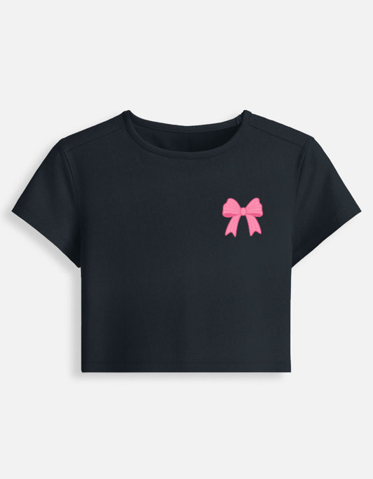 11FIT Coquette Pink Ribbon Bow Graphic Baby Tee - Y2K Aesthetic Bow T-Shirt India - Detail View 3 - 11FIT India