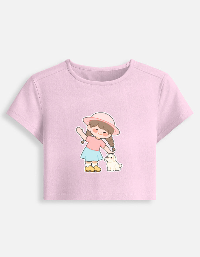 11FIT Anime Chibi Girl & Puppy Graphic Baby Tee - Kawaii Anime Aesthetic Women's Top India - Detail View 4 - 11FIT India