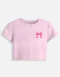 11FIT Coquette Pink Ribbon Bow Graphic Baby Tee - Y2K Aesthetic Bow T-Shirt India - Detail View 4 - 11FIT India
