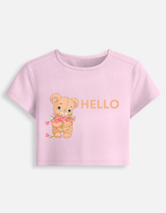 11FIT Hello Teddy Bear Floral Graphic Baby Tee - Cute Aesthetic Women's Top India - Detail View 4 - 11FIT India
