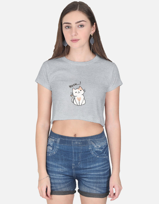 11FIT Meow Cute Kitty Graphic Women's Crop Top - 100% Cotton Kawaii Feline T-Shirt India - Detail View 4 - 11FIT India