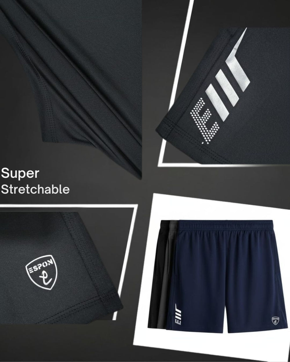 Black ESPON Air Flex athletic shorts with super stretchy 4-way fabric.