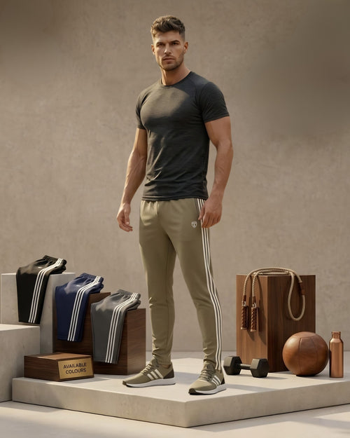 "Men's Espon NS 14% Air-Lite Lycra track pants in khaki with 3 stripes."